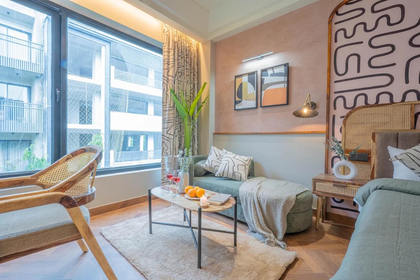 Lounge corner with cane chair
